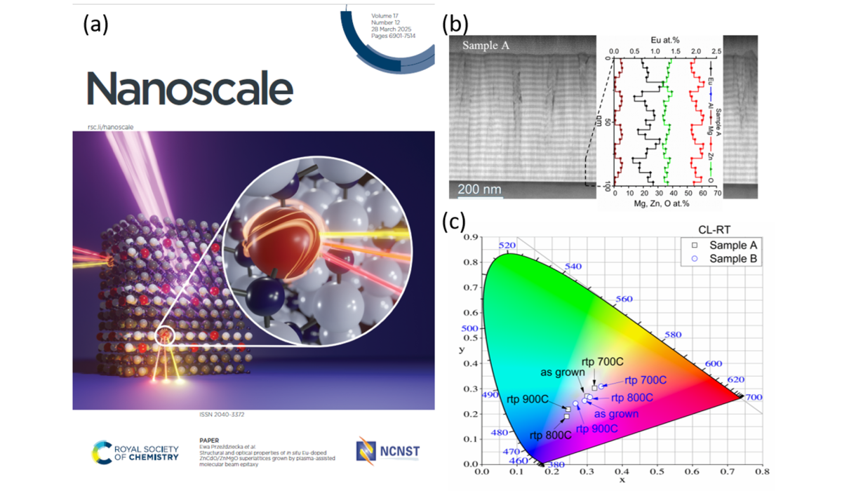 (a) Nanoscale journal cover featuring a model of quantum structure of the “superlattice” type selectively doped with europium (Eu) ions represented as red spheres. (b) Image of a {ZnCdO/ZnMgO} superlattice obtained using a transmission electron microscope, with the distribution of elements in different layers. (c) CIE standard-based chromaticity diagram for as-grown  Eu-doped {ZnCdO/ZnMgO} superlattices and those annealed at different temperatures.